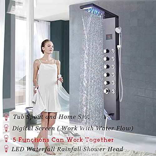Panel de Ducha para Baño Sistema Torre de Agua con Pantalla LED de Temperatura, Acero Inoxidable 304, Sistema de Masaje de 4 Funciones, Fácil Instalación, Negro miniatura 2