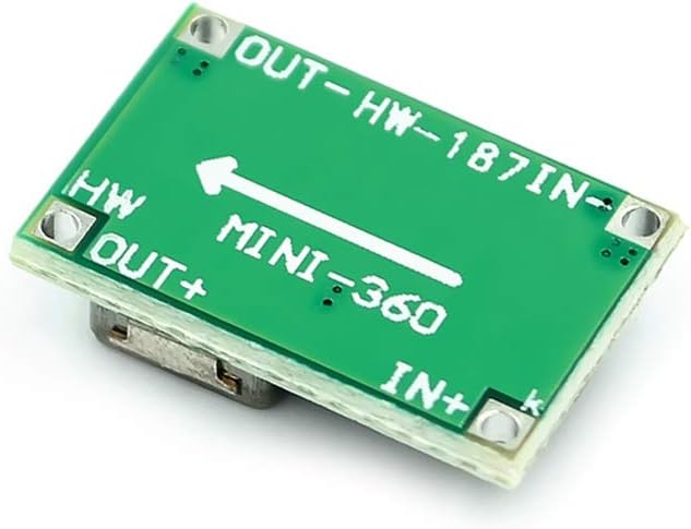 Bottom view of HiLetgo Mini 360 module with input and output labels