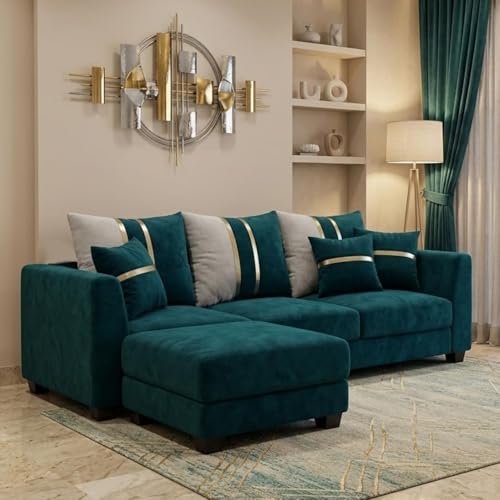 Image of Vero 4 Seater L Shape Sofa Set with Movable Ottoman | Flexible Left or Right Layout | Luxury Velvet Suede Fabric | Modern Living Room Sofa | Green Teal