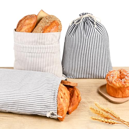 BIEOFFEI 3 Pack Sourdough Bread Bags Linen Bread Bags for Homemade Bread Sourdough with Plastic Lined - Reusable Bread Storage Bags Sourdough Bread Bag & Beeswax Bread Bag