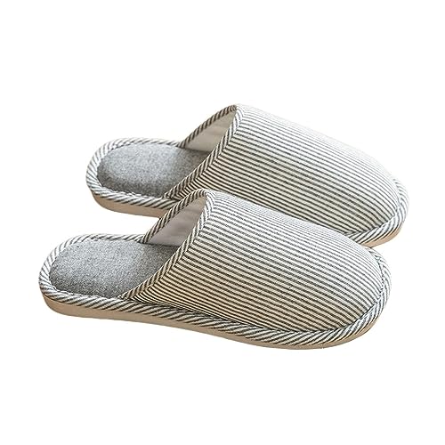 Image of JadeRich Unisex Striped Cotton Slippers Non-Slip Soft Breathable Comfy House Shoes for Women Men