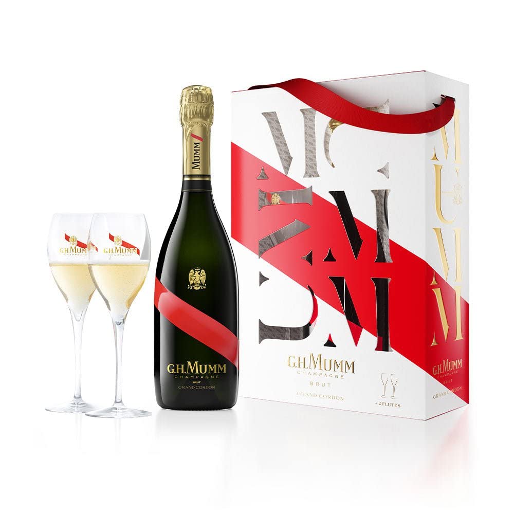 G.H. Mumm Grand Cordon Champagne, Pack con 2 flute in omaggio, 75 cl