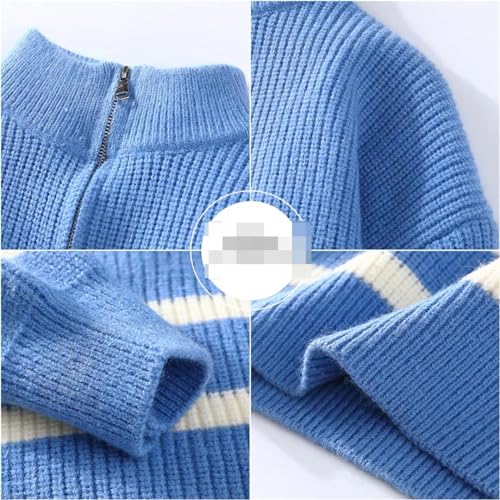 Men's Autumn and Winter Striped Quarter Zip Turtleneck Long Sleeve Casual Knitted Pullover3