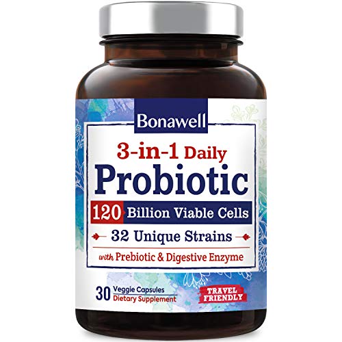 Bonawell 3-in-1 Daily Probiotics 120 Billion CFU 32 Strains with Organic Soluble Prebiotic, Natural Digestive Enzyme for Gut Health, Digestion & Immunity, Shelf-Stable Delayed-Release, 30 Veggie Caps