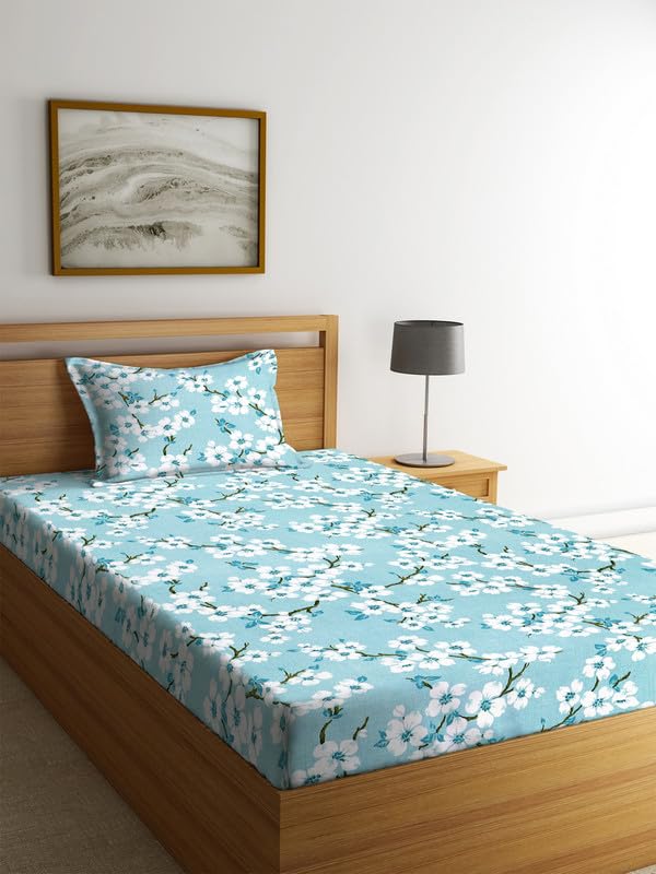 Image of la'amour Cotton All Round Elastic Fitted Bedsheets with 1 Pillow Cover|Single Mattress Bed Breathable| Longlasting | Supersoft Size - 36 x 72 + 6 inches (Color -Sky Blue)