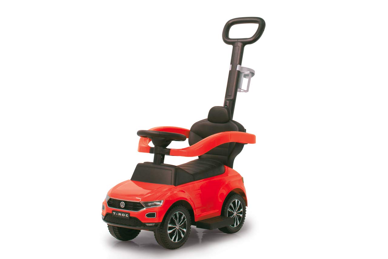 Jamara 460461 - Correpasillo VW T-Roc 3en1 Rojo – Antivuelco, Sonidos, Protección Lateral, Soporte con función de dirección, Portavasos, Apoyapiés Extensible