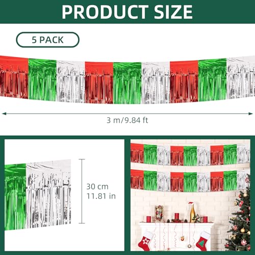 Image of 5 Pack 10 Feet Christmas Foil Fringe Garland Red Silver Green Fringe Garland for Christmas Party Decorations Parade Float Fringe Tinsel Banner for Birthday Party New Year Decor