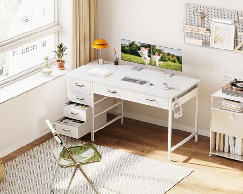 Coleshome Schreibtisch mit 6 Schubladen, 120 x 48 cm Schreibtisch Weiß mit Stauraum, Umkehrbarer Kleiner Tisch mit Kopfhörerhaken für Home Office
