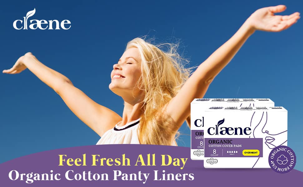 Image of Claene Organic Cotton Cover Pads, Cruelty-Free, Menstrual Overnight Pads for Women, Unscented, Breathable, Vegan, Natural Sanitary Napkins with Wings (Overnight, 2 Pack, Total 16 Count)