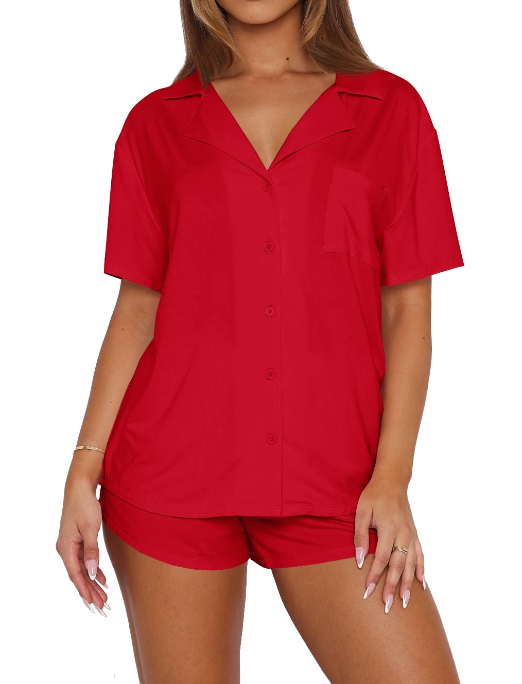 Lacozy Summer Pajamas for Women set 2 piece Short Sleeve Matching Pjs Set V Neck Button Down Lounge Set Soft Sleepwear