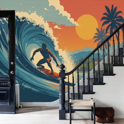 Papier peint panoramique coucher de soleil vagues surfeurs 350x256 cm bleu - 5