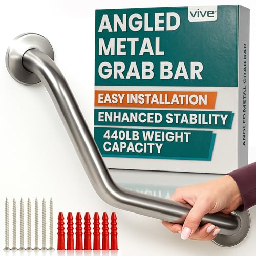 Vive Angled Shower Grab Bar (Supports 440lbs) - ADA Compliant Tub, Bathroom, Bathtub Safety Assist Rail for Handicap, Seniors, Elderly - 16in Grip Handle for Bath and Toilet - Brushed Nickel Finish
