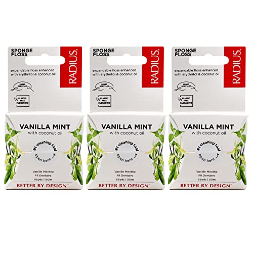 RADIUS Vanilla Mint Dental Floss 55 Yards Vegan & Non-Toxic Oral Care Boost & Designed to Help Fight Plaque Clear – Pack of 3