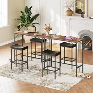 HOOBRO Bar Table Set 394 Pub Table and Stool Set High Top Bar Table with Charging Station 3 Piece Dining Table Kitchen Breakfast Table Set for Kitchen Small Space Rustic Brown BF10UBT01