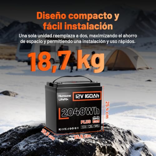 Image of HumsiENK 12V 160Ah Plus LiFePO4 Lithium Battery, 2048Wh Energy Trolling Motors Battery, 150A BMS with Low-Temp Protection, 15000+ Deep Cycles, 10 Years Lifespan, for RVs, Energy Storage, Solar, Boat