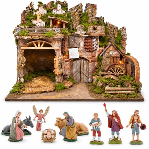 Moranduzzo Belén con Luces y Molino de Agua, 6 sujetos y Pastores 10 cm – Figuras estándar 10 – 60 x 34 x 44 cm – Producto Oficial, Fabricado en Italia, escultor M. Landi