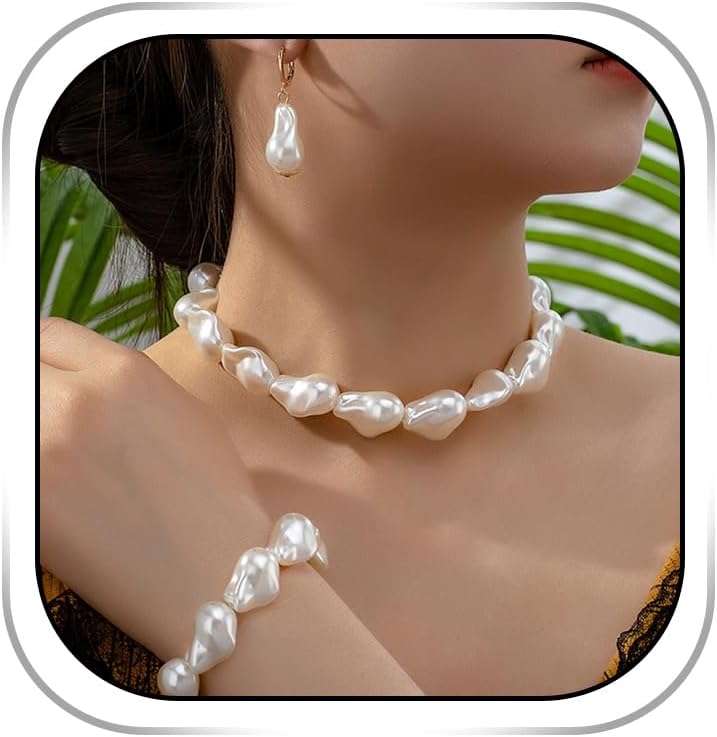 Pearl Necklace and Earrings for Women Irregular Pearl Necklace Set White Baroque Pearls Choker Set for Bride Wedding