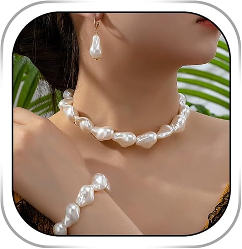 Dmaiy Pearl Necklace and Earrings for Women Irregular Pearl Necklace Set White B