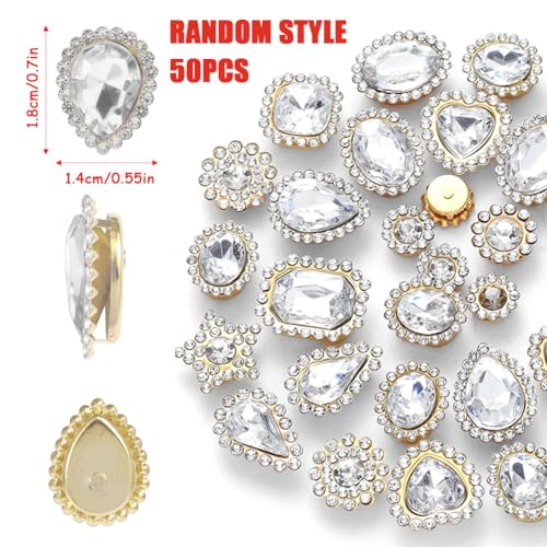 Ksheria Colorful Crystal Sew on Rhinestones 50pcs Mixed Shapes Crystal Glass with Metal Base Craft Jewels and Gems for Clothes Hats Jewelry Making DIY Accessories Decoration (White)