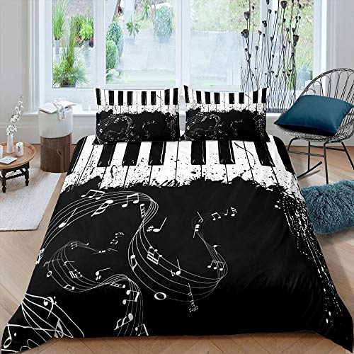 Piano Keys Comforter Cover Rotating Musical Notes Duvet Cover Tie Dye Bedding Set For Kids Boys Girls Retro Music Theme Bedclothes Bedroom Decor With 1 Pillow Case Single Size Balck White