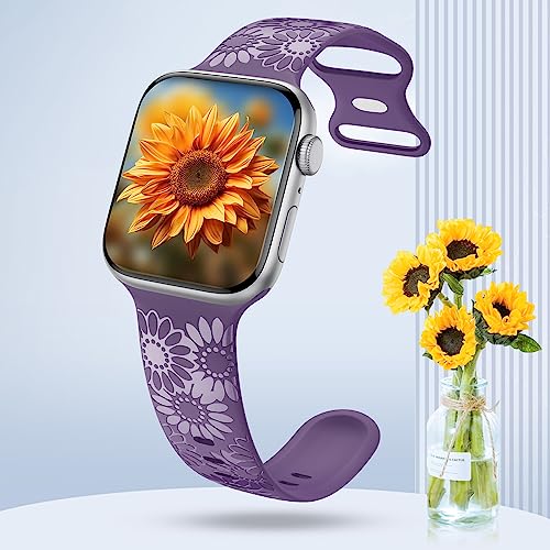 Image of Sunflower Engraved Band Compatible with Apple Watch Bands 38mm 40mm 41mm 42mm 44mm 45mm 49mm Women, Designer Soft Glossy Floral Silicone Strap for iWatch Series Ultra 11 10 9 8 7 6 SE 5 4 3 2 1