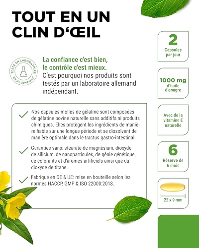 Huile d'onagre capsule capsules 2000mg acide gamma-linolénique GLA et vitamine E