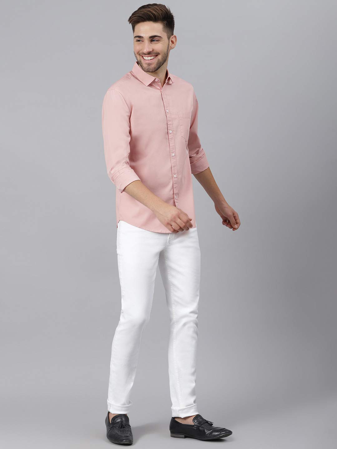 Dennis Lingo Men's Solid Dusty Peach Slim Fit Cotton Casual Shirt (C301_D-Peach_M) 4
