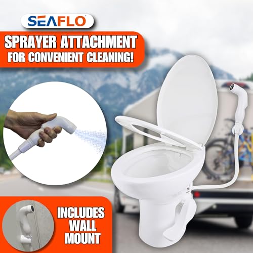 Image of SEAFLO Porcelain RV Toilet with Sprayer Attachment - Elongated Bowl 19 inch Inch Residential Height, Gravity Flush, Foot Pedal Soft Close Seat Camper Motorhome Easy Install 4 -year Warranty SFRTCH-02-02
