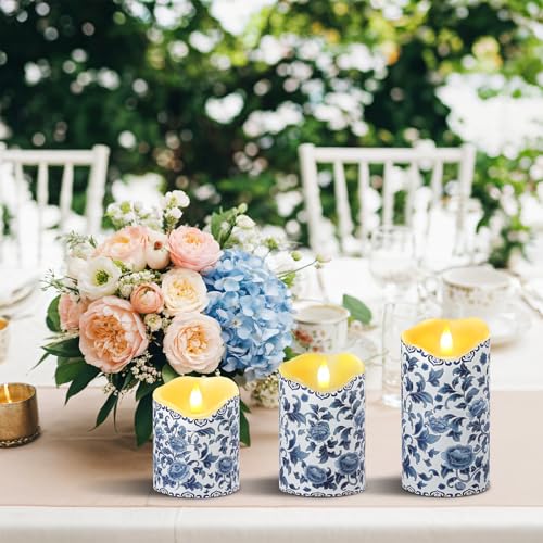 Image of Lebaley 3PCS Chinoiserie Flameless Candles - Blue and White Porcelain Candles with Remote,Floral Battery Operated LED Candles,Blue Pillar Candles Chinoiserie Decor for Home Weddings Party Festivals