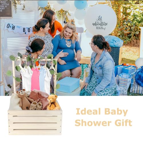 Image of Okydoky Wooden Baby Shower Basket Crate Gift Basket with Clothes Hanger | Handle and Garland, Wardrobe Storage Personalized Basket for Pregnant New Parents NO.LPL, Wood1