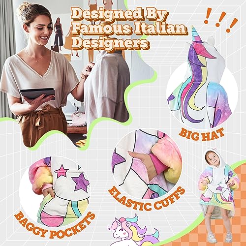 MIZZEO Kids Wearable Blanket Hoodie, Oversized Sherpa Wearable Blanket with Hood Pocket and Sleeves for Toddlers, Cute Hoodies 2-6 Year Old Girls Boys Youth Birthday Gifts (Unicorn)