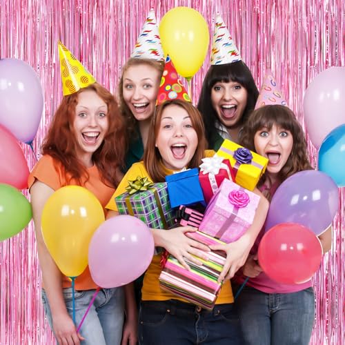 Image of Glitter Pink Party Streamers 2Pack Glitter Foil Fringe Curtain 3.3 x 8.3ft Pink Party Decor Photo Booth Streamers Metallic Tinsel Door Streamer for XmasThanksgiving Engagement Party Decors Streamers