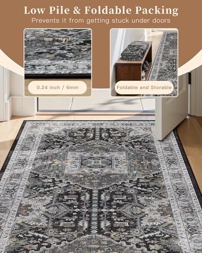 Madane Washable Area Rug 2x3, Small Entryway Rug Non-Slip Vintage Door Mat Indoor Entrance, Low Pile Floor Carpet for Inside Front Door Kitchen Entry (2'x3', Grey Green/Black Olive)