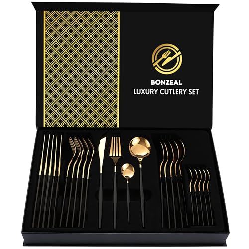Image of Stainless Steel Black Gold Cutlery Set for 6 Person with Gift Box 24 Pieces Mirror Finish Luxury Premium Flatware Set for Dining Table Hotel Cafe Bar Restaurant House Warming Gifts