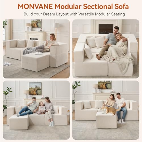 Image of MONVANE 103'' Modular Sectional Sofa, Cloud Sectional Couch with Ottoman, Convertible Chenille L Shaped Couch with Deep Seat, Sectional Couches for Living Room Bedroom, No Assembly Required, Beige