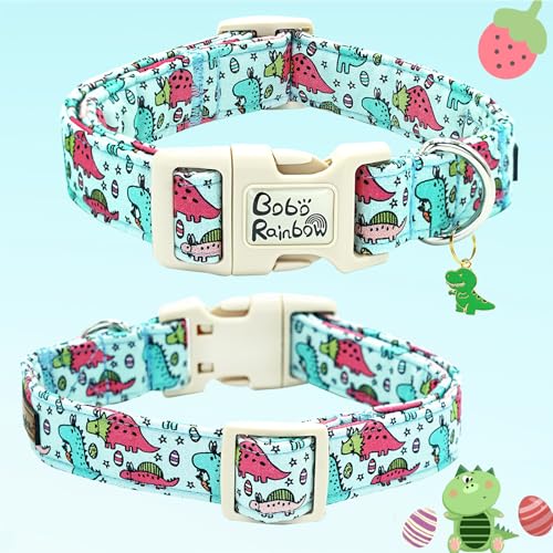 Image of Dog Collar-Blue Pink Dinosaur Print Adjustable Pet Collars Soft Comfortable Puppy Collar Cute Cotton Collars Durable Gift for Large Dogs