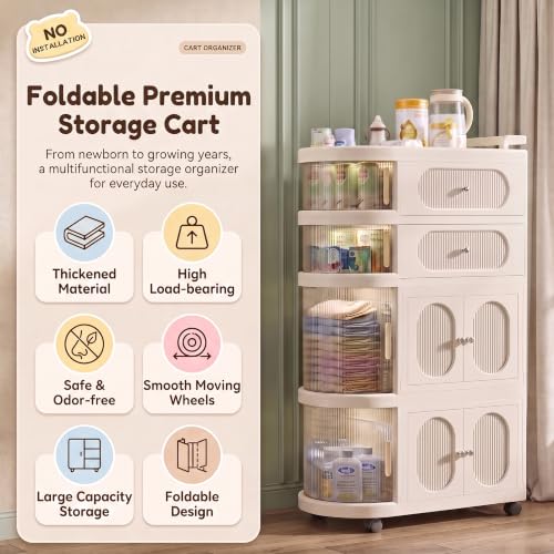 Image of StarAndDaisy Baby Storage Trolley with Wheels, 4-Tier Plastic Nursery Organizer with Drawers, Multipurpose Storage Rack for Baby Essentials, Diapers, Clothes, Toys (Transparent, Storage Cart)