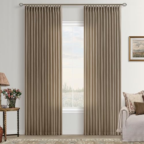 Image of Dark Brown Semi Sheer Pinch Pleated Linen Curtains 40 X 86 Inch Long Drapes