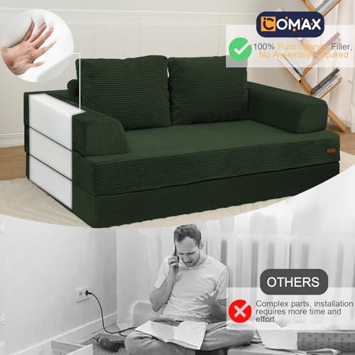 Image of COMAX Futon Sofa Bed, Convertible Folding Sofa Bed, Boneless Couch Loveseat Corduroy with Pillows, Small Foldable Floor Couch Comfy Lounge Sleeper for Living Room Bedroom, Green