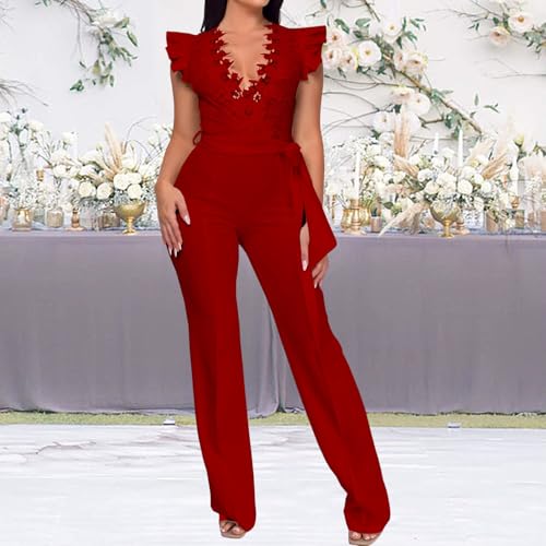 Image of PaladMom Womens Elegant Plus Size Jumpsuits Sexy Back zipper Short Sleeve Mid Waist Wide Leg Straight Rompers