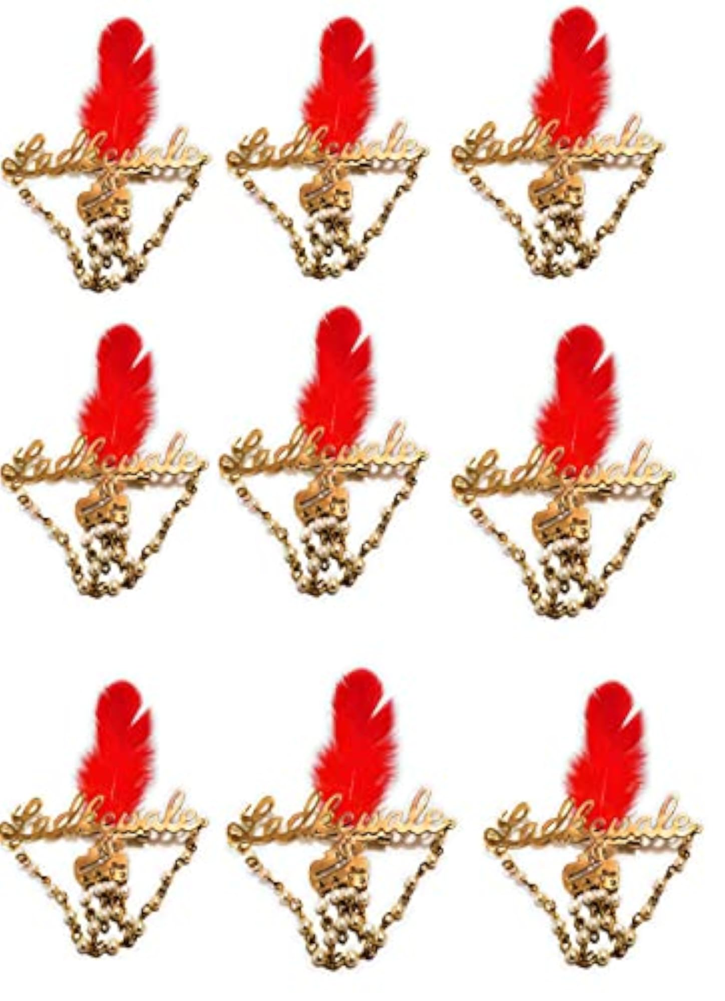 30 Pieces Gold Metal Ladkewale Brooches with Red Feather