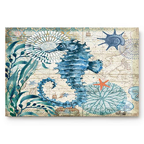 Coastal Blue Sea Hippocampus Nautical Map Doormat Welcome Mats Rugs Carpet Outdoor/Indoor for Home/Office/Bedroom, 18"x30"