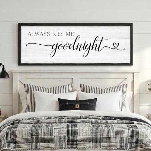 Always Kiss Me Goodnight Wall Sign Above Bed 41.3''×15'' Large Farmhouse Wall Decor for Bedroom Couples Room Decor Framed Wood Wall Art Rustic Master Bedroom Wall Decoration (black frame)
