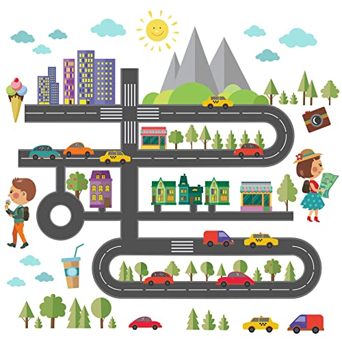 Drwssr Car Road Wall Decals City Traffic Wall Sticker Road Transportation Wall Sticker Taxi Green Plant Store Street Life Scene Removable Decor For Kids Nursery Bedroom Living Room Playroom Classroom #TOP7