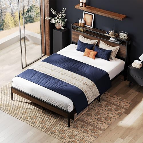 Image of LIKIMIO Full Bed Frame with Headboard, Dark Wood Camas Full with Strong Supports, Sturdy, Noise-Free, No Box Spring Needed, Dark Walnut