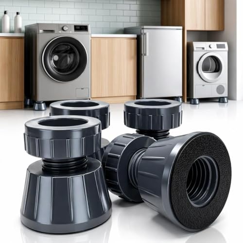 Image of Washing Machine Stand with Anti Vibration Pads, Height Adjustable, Non-Slip Rubber Base, Noise Reduction, Black Grey