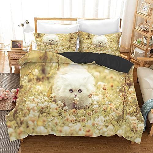 Housse de couette 2 personnes 220x240 microfibre douce avec chat blanc