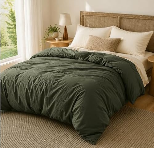Bedsure Olive Green Duvet Cover Queen Size Only - Prewashed Cotton-Like Polyester Soft All Season Bedding, Includes 1 Duvet Cover 90x90 Inches with Zipper Closure, (No Comforter)
