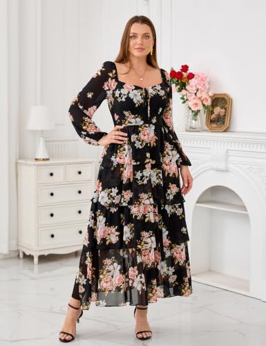 Image of EYWOL Plus Size Long Sleeve Floral Tiered Semi Formal Wedding Guest Dress | Chiffon Maxi, On or Off Shoulder, Flowy A-Line, Side Slit, Elastic Back Waist, Cocktail, Dinner Party, Engagement, Prom, Gala
