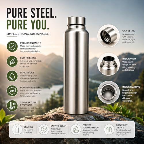 Image of Melvio Water Bottle Stainless Steel Sports /Fridge Bottle with Leak Proof Lid | Single Wall | For Home, Office, Gym, Travelling | Lightweight | BPA Free | 1000ml | Silver) (Set of 5)